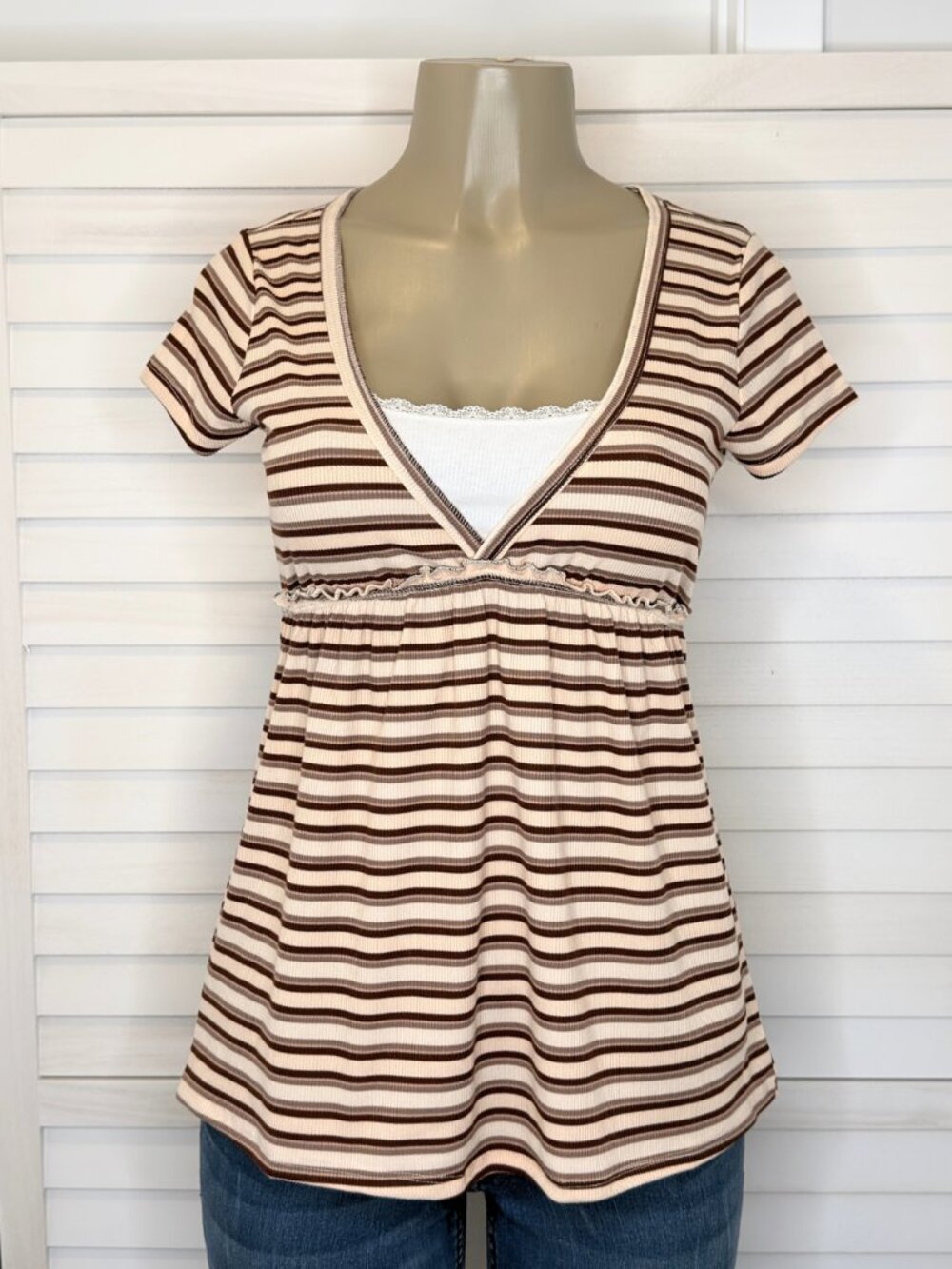 Cream Brown Striped Lace Trim Babydoll V Neck Top